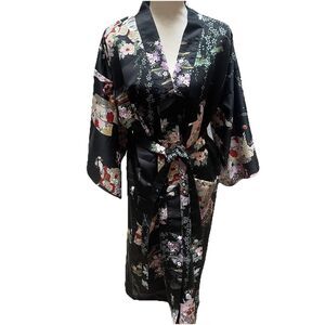 Kyoto Seni Japan Kimono Robe Satin Vintage Floral Geisha Pagoda Boho Coquette OS